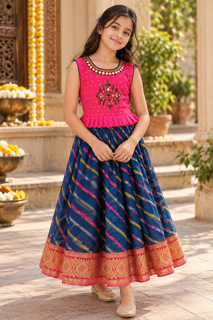 Girls Pink & Navy Blue Ethnic Festive Frock Gown
