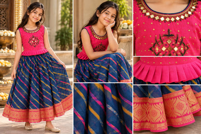 Girls Pink & Navy Blue Ethnic Festive Frock Gown