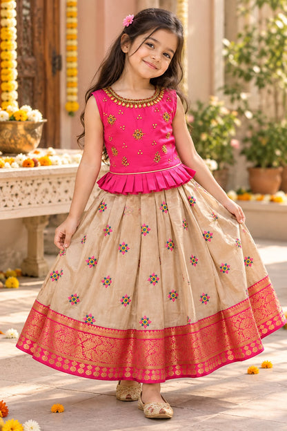 Girls Pink & Biscuit Color Ethnic Festive Frock Gown (4-6Y)