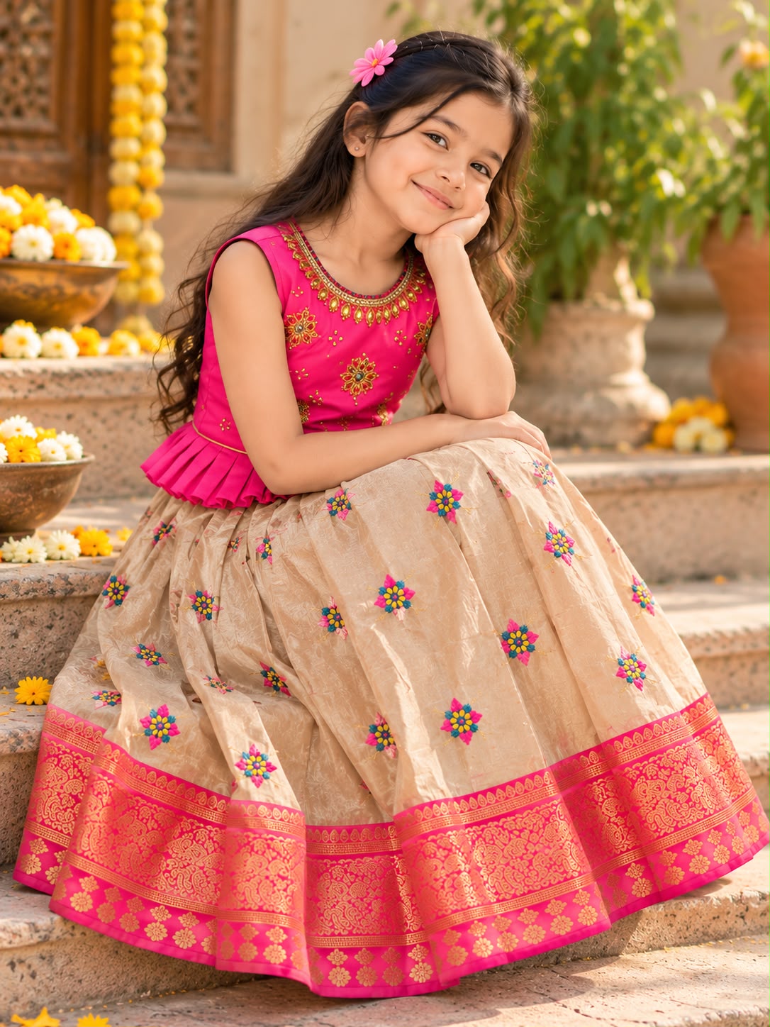 Girls Pink & Biscuit Color Ethnic Festive Frock Gown (4-6Y)