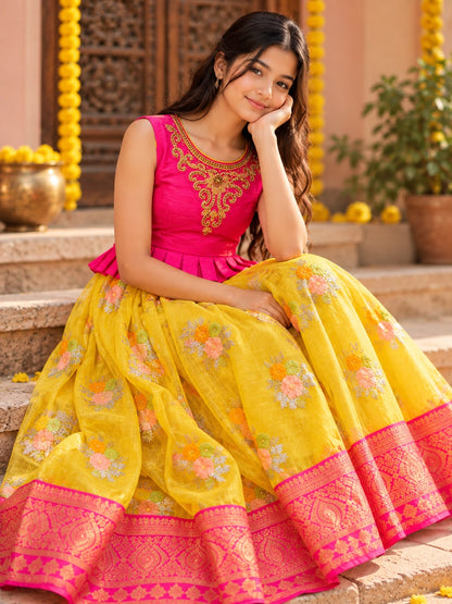 Girls Pink & Yellow Ethnic Festive Long Frock Gown (9-12Y, Teen)