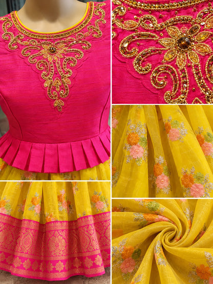 Girls Pink & Yellow Ethnic Festive Long Frock Gown (9-12Y, Teen)