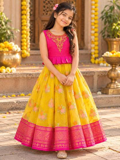 Girls Pink & Yellow Ethnic Festive Long Frock Gown (9-12Y, Teen)