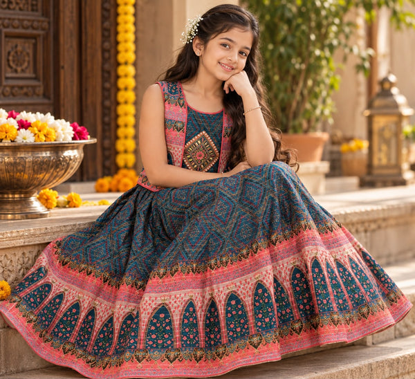 Girls Designer Blue Frock and Ethnic Jacket Festive Dress (9-10Y)