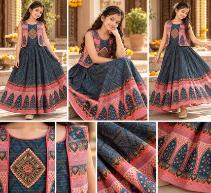 Girls Designer Blue Frock and Ethnic Jacket Festive Dress (9-10Y)