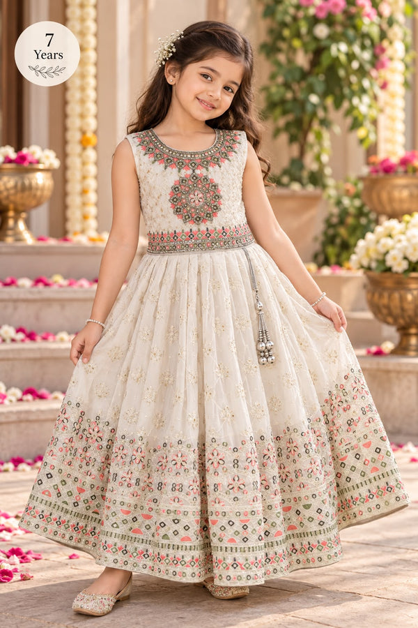 Girls White Ethnic Festive Wear Frock Gown with Beautiful Work (3-8Y)