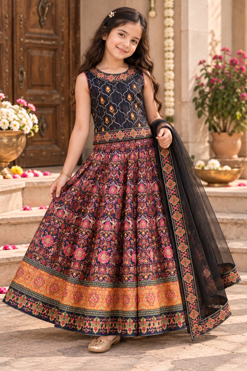 Girls Purple Printed Festive Wear Ethnic Lehenga Choli Set (6-9Y)