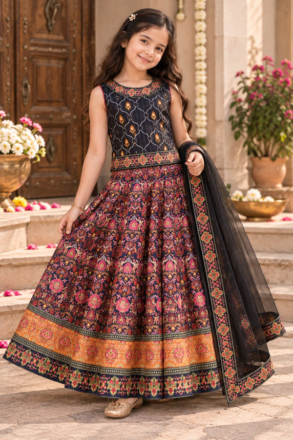 Girls Purple Printed Festive Wear Ethnic Lehenga Choli Set (6-9Y)
