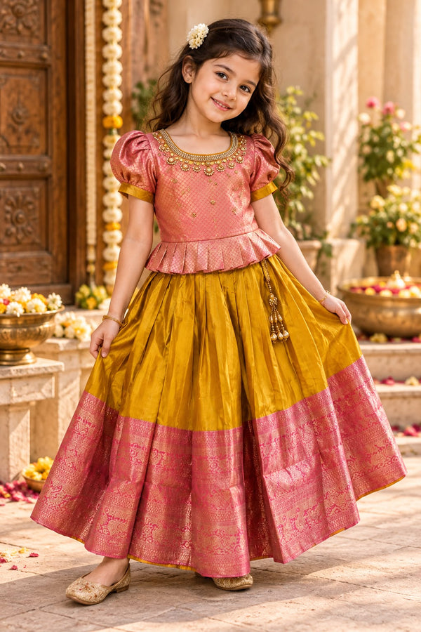 Girls Golden Traditional Pattu Festive Wear Frock Gown (4-8Y)