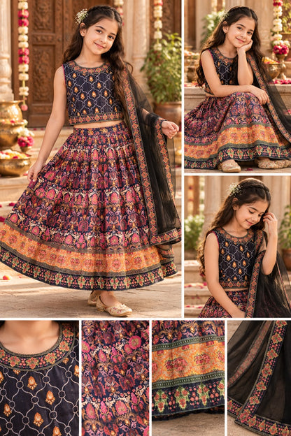 Girls Purple Printed Festive Wear Ethnic Lehenga Choli Set (6-9Y)