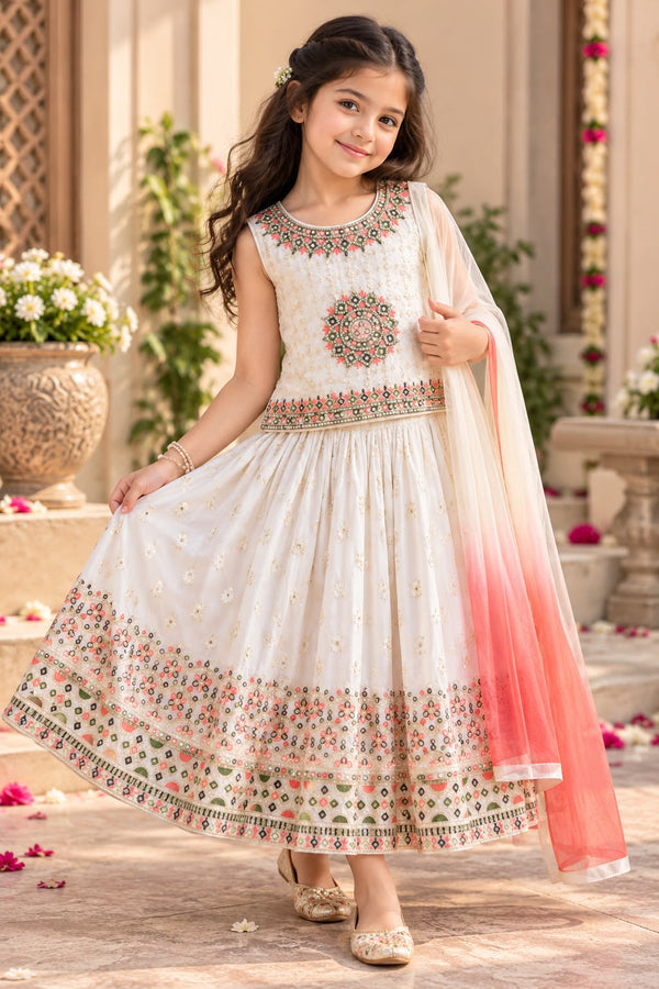 Girls White Ethnic Festive Wear Lehenga Choli Set with Dupatta (3-9Y)
