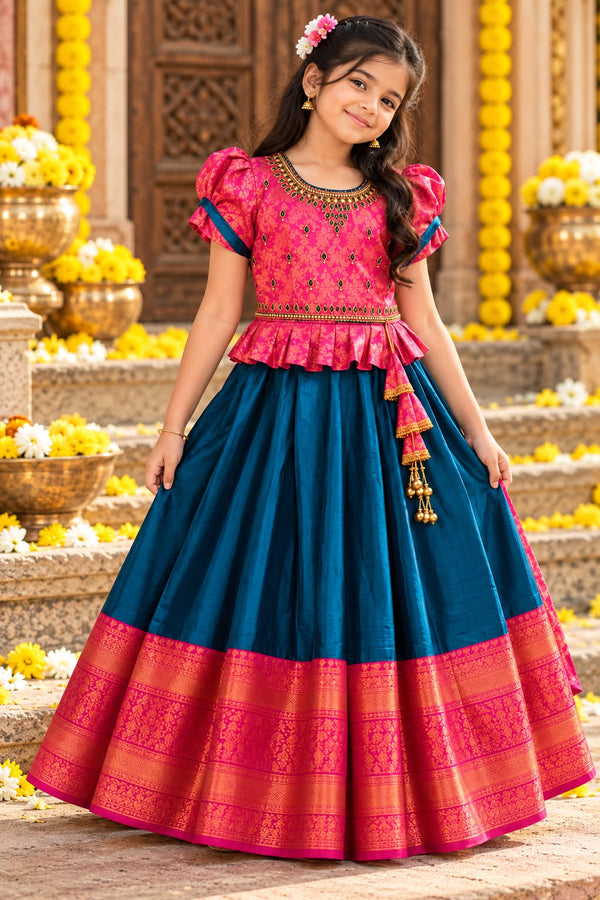 Girls Blue Traditional Pattu Festive Wear Frock Gown (6-10Y)
