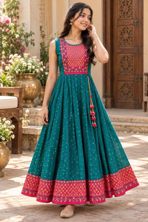 Girls Chanderi Cotton Blue & Pink Ethnic Festive Long Frock Gown (10-12Y)