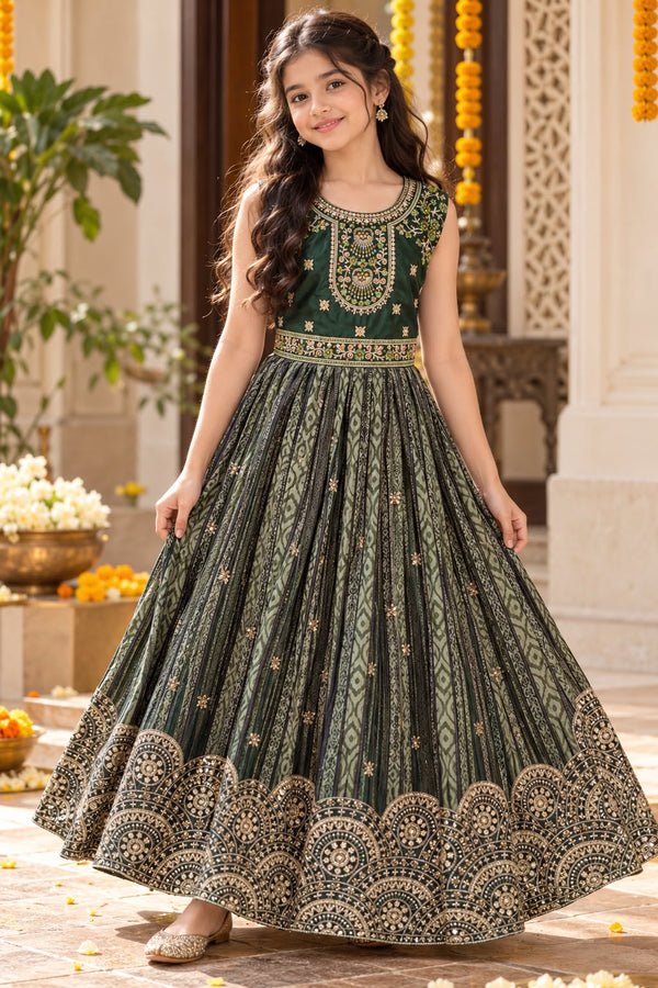 Girls Green Ethnic Festive Wear Frock Gown (8-9Y)