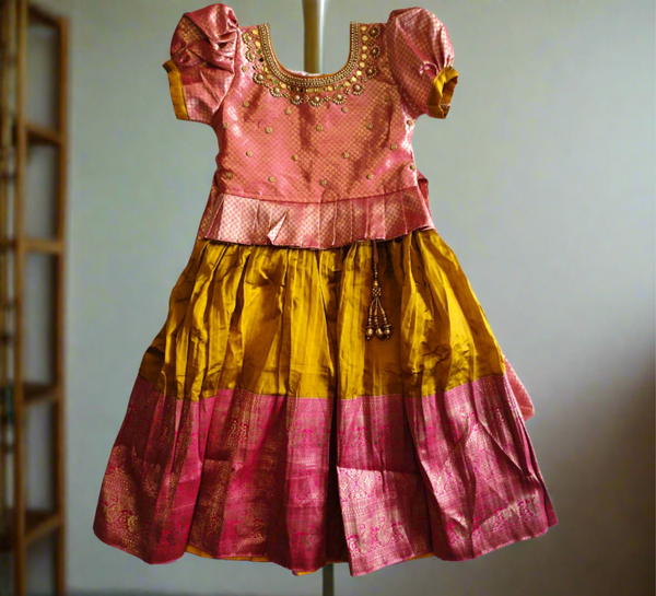 girls traditional / festive wear pattu frock, golden ( e 16)